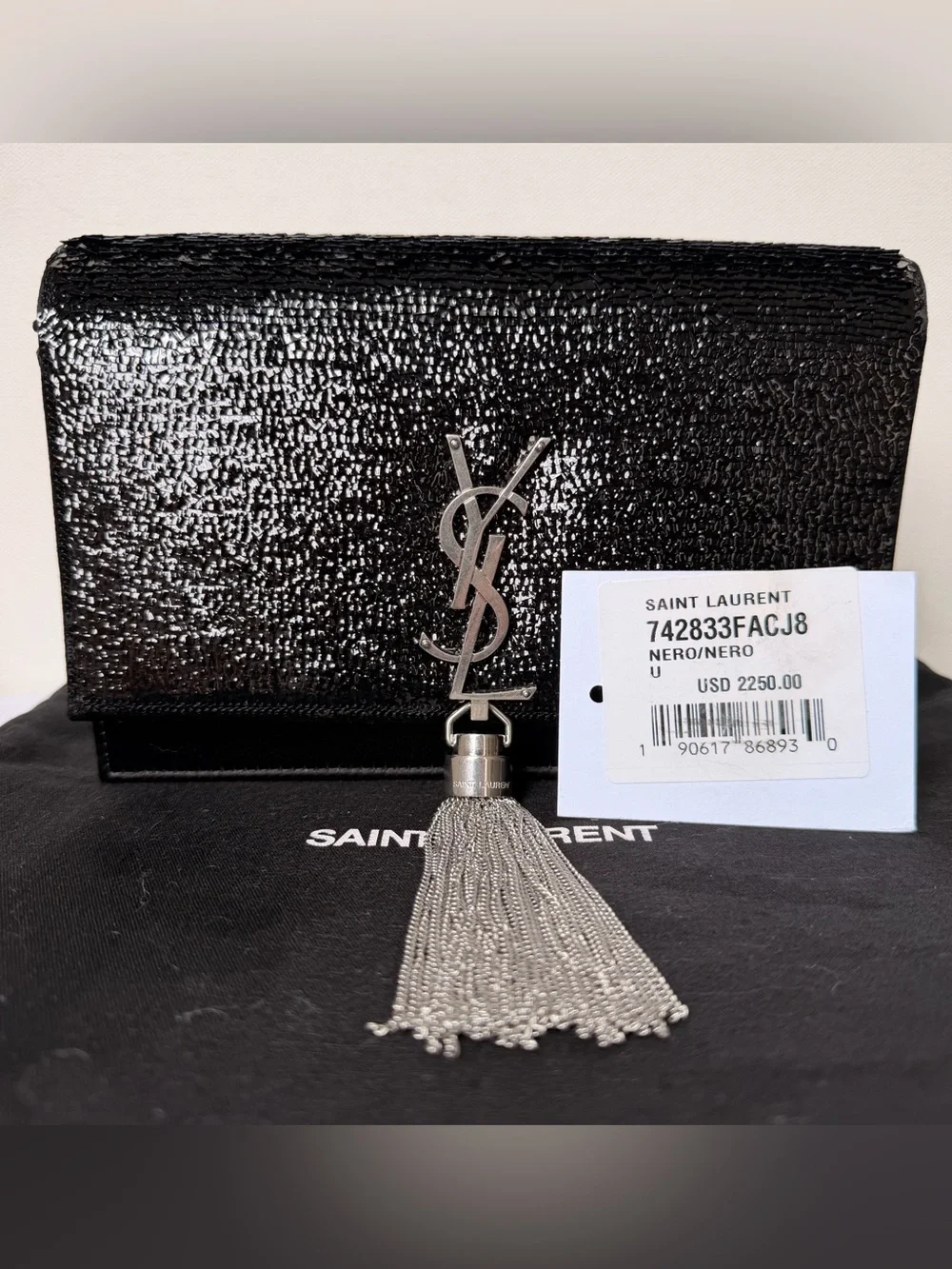 Saint Laurent Kate Tassel Chain Wallet Sequins Black Silver HW - Picture 13 of 14